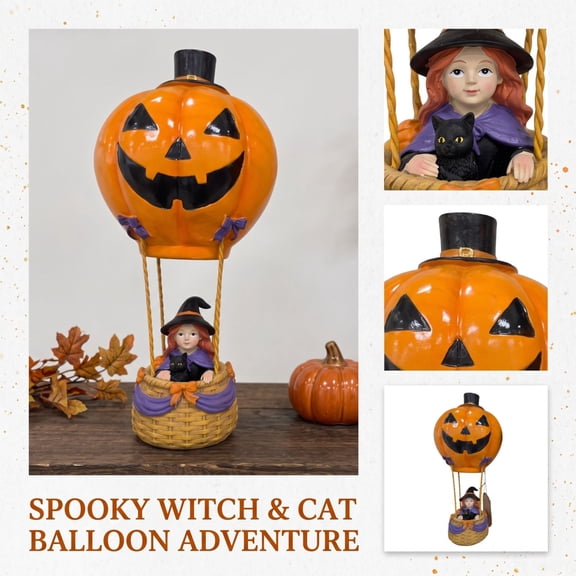 Yashow Elite Halloween Resin Pumpkin Hot Air Balloon Witch Figurine, 7.87 inch Spooky Tabletop Centerpiece Decor, Rustic Desk Ornaments for Home Party, Orange