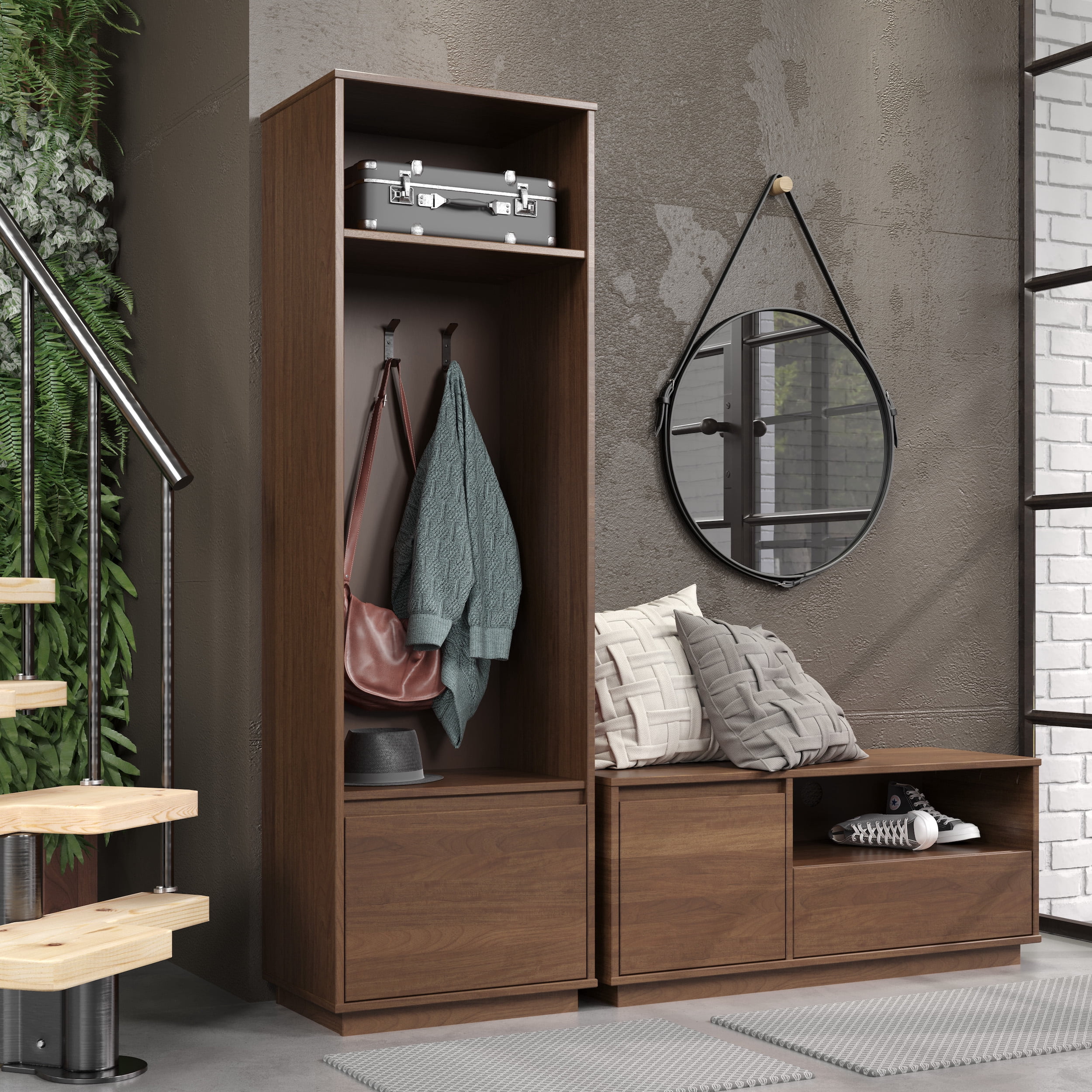 Linon Winston Single Drawer Mid-Century Television Stand with 2 Shelves, 43.5" L, Walnut