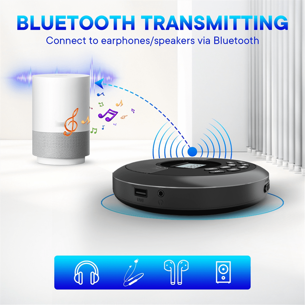Portable Bluetooth CD Player Rechargeable Discman with Dual Speakers and Headphones  Cd Player Mp3 Player Black