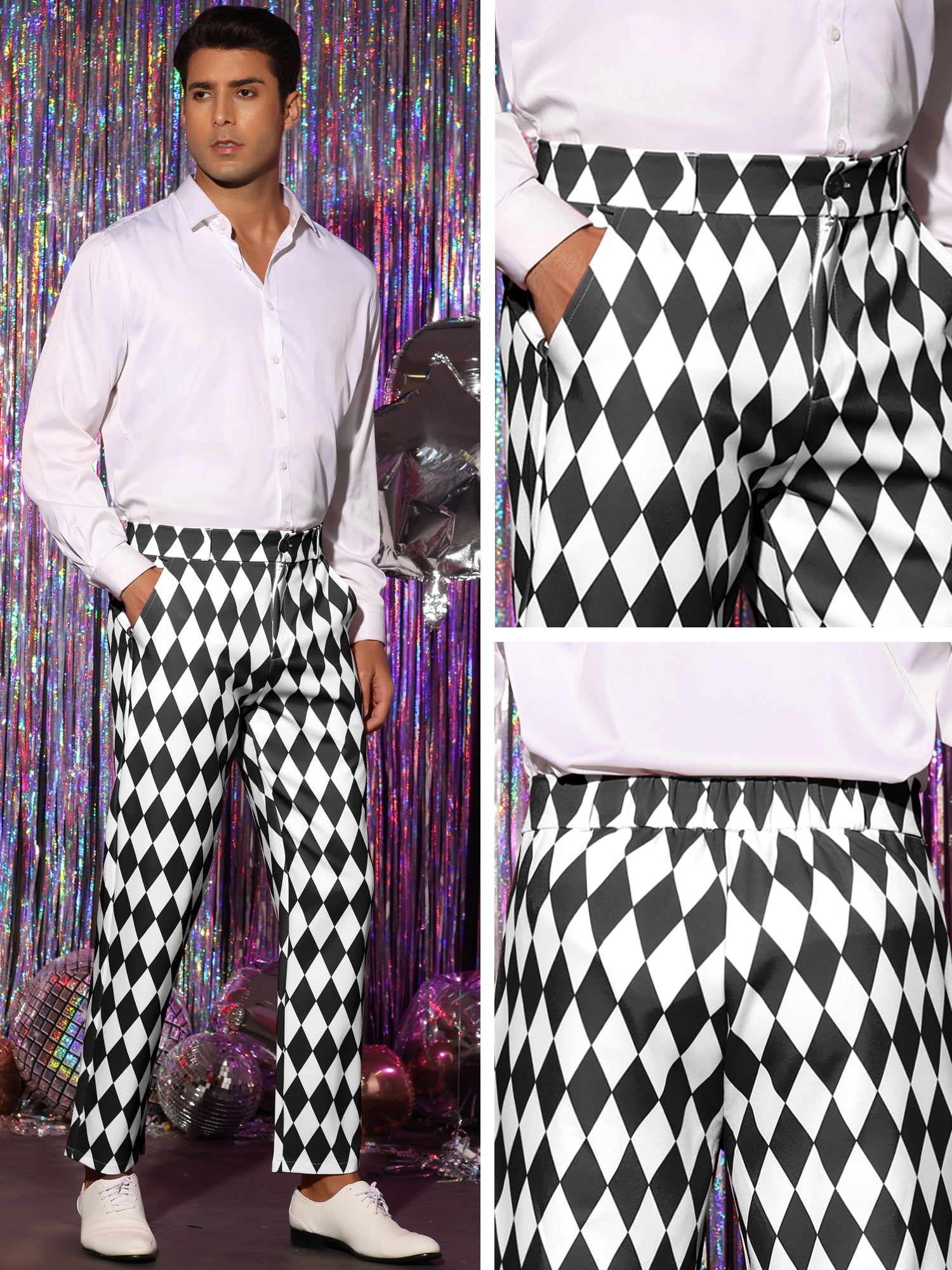 DARING DIVA Men's Argyle Pattern Regular Fit Flat Front Party Prom Trousers 32 Black White