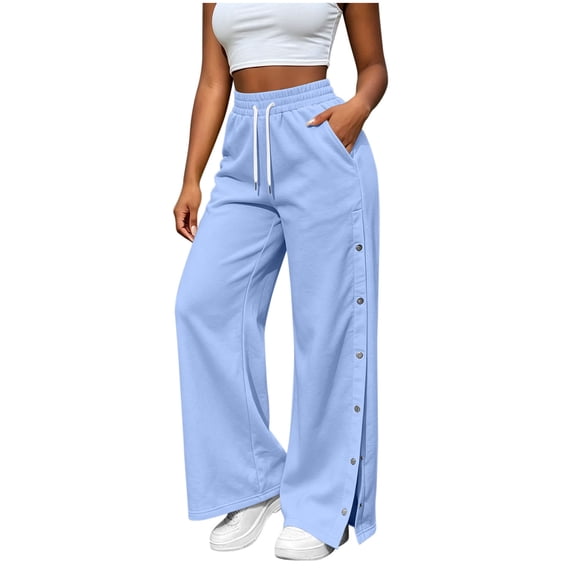 Kilaqueen Women's Wide Leg Sweatpants with Side Snap Buttons, High Waisted Elastic Lounge Pants with Pockets for Casual Travel and Streetwear