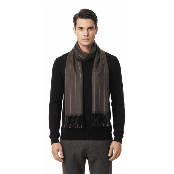 Lanvin 100% Wool Scarf – Brown Pinstripe, Lightweight Fringed Design for Mens