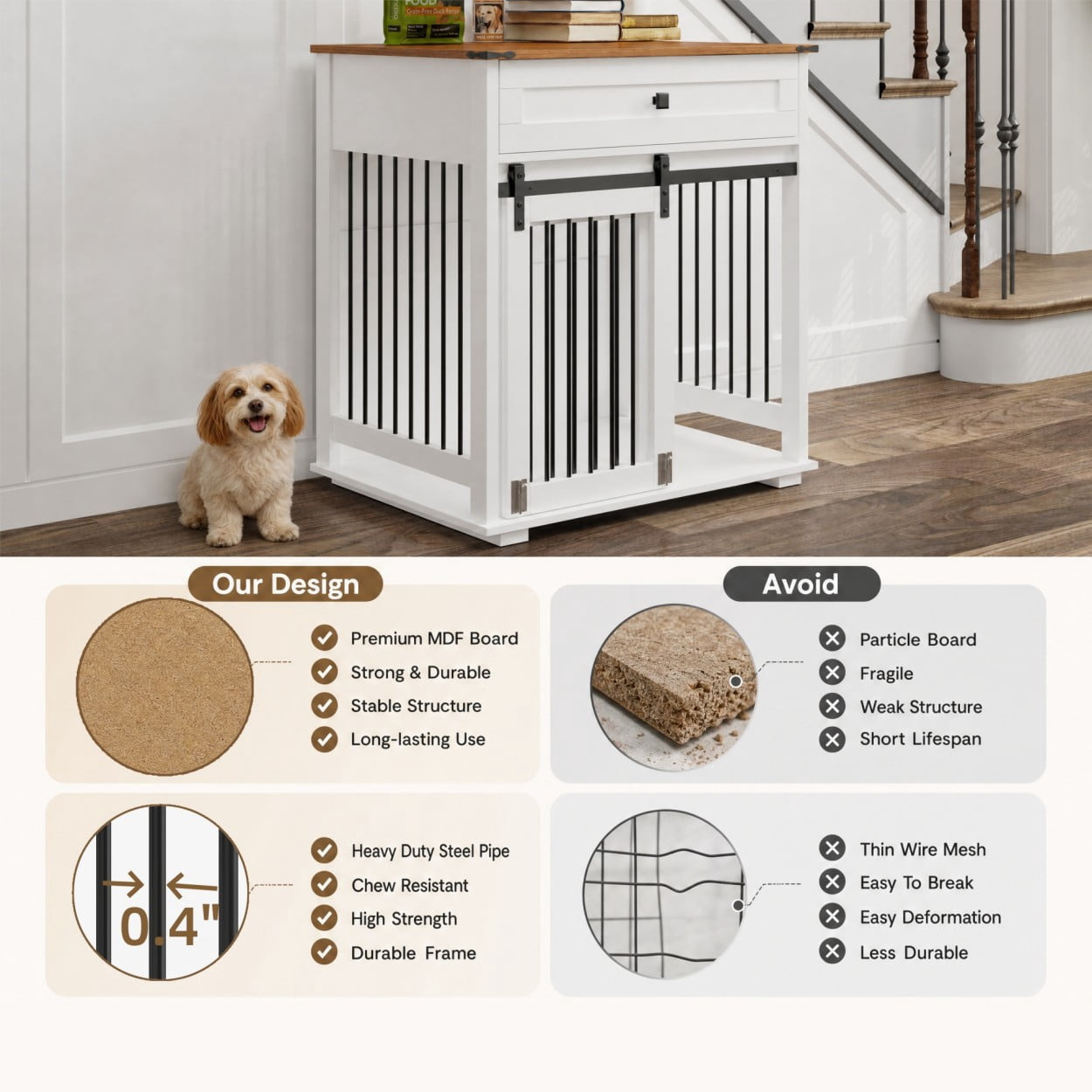 Dog Crate Furniture with Sliding Barn Door, Storage Drawer & Metal Bars, Heavy Duty Indoor Kennel End Table for Small & Medium Dogs, Brown white