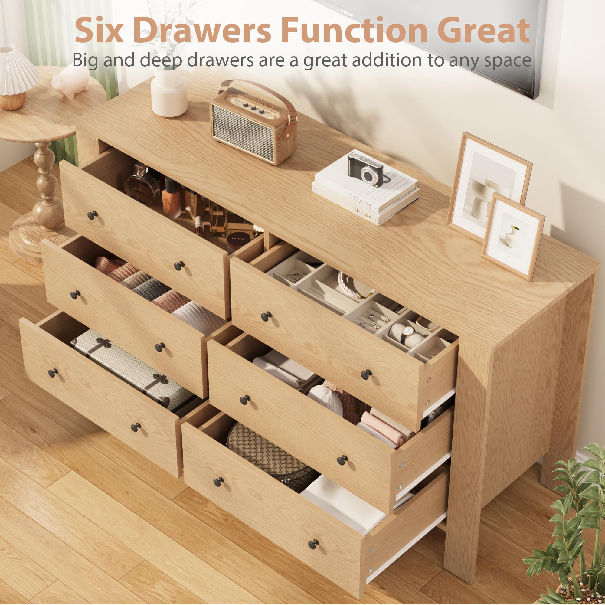 6 Drawer Dresser, Modern Wood Dresser for Bedroom, with Deep Drawers & Metal Knobs, for Hallway, Entryway, Living Room