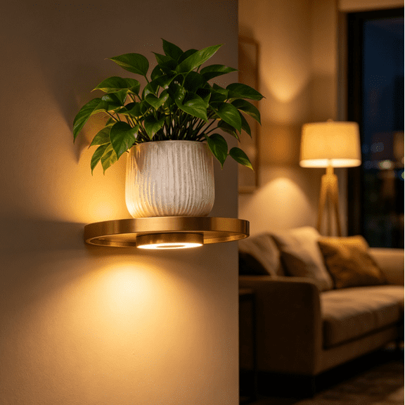 Floating Wall Shelf with Built-in Ambient LED Light, Invisible Bracket Hanging Display Rack, Warm Light Plant Stand, Minimalist Space Saving Decor