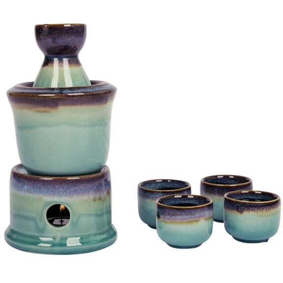 MyGift 7 Piece Japanese Style Ceramic Sake Serving Gift Set with Warmer, Purple