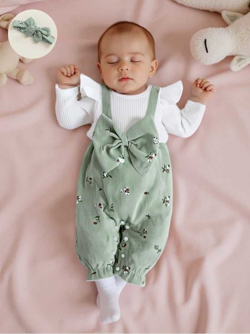 Newborn Girl Romper Outfit - Long Sleeve Flower Print Patchwork Jumpsuit With Hairband