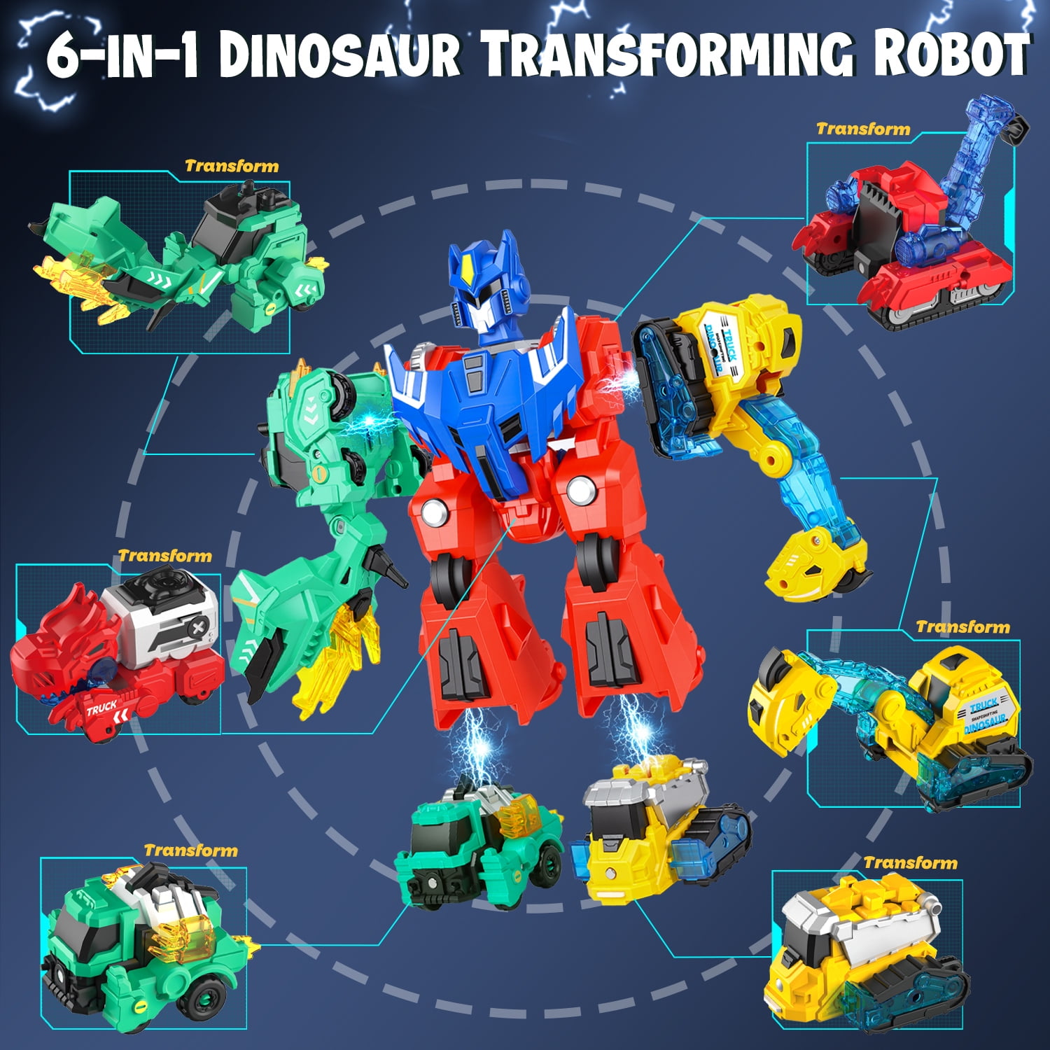 HopeRock Dinosaur Transforming Robot Toys for Kids, 6-in-1 Magnetic Dinosaur Car, Toys for Boys Ages 3 4 5 6 7 8 Years Old, with T-Rex Christmas Birthday Gift for Toddlers.