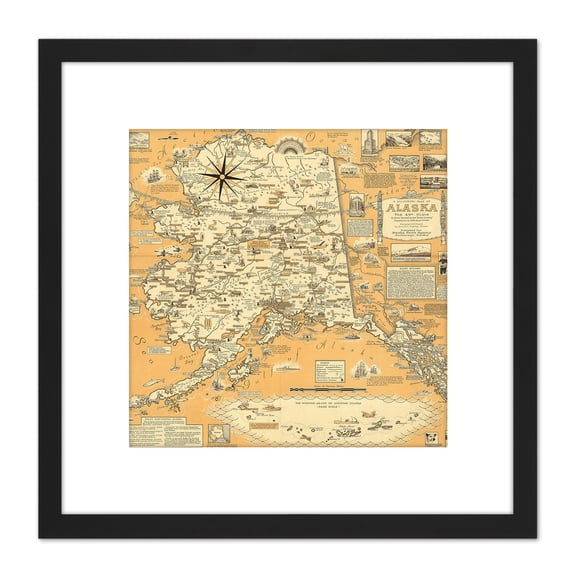 1959 Ernest Dudley Chase A Pictorial Map Of Alaska 8X8 Inch Square Wooden Framed Wall Art Print Picture with Mount