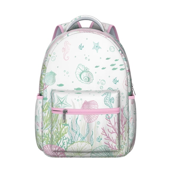 Tropical Seashell and Coral Student Backpack Waterproof Durable Composite Oxford Cloth with Nautical Fish and Marine Life Print, Adjustable Straps, Large Capacity for School and Travel
