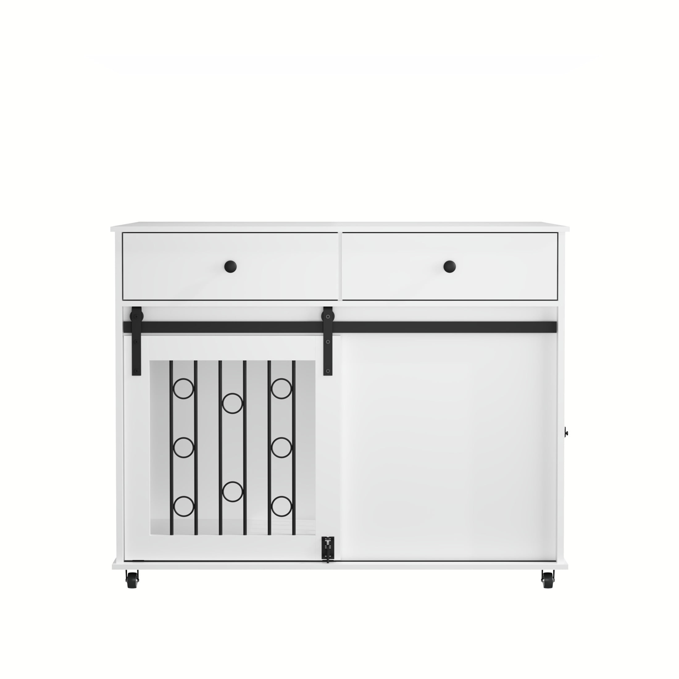 Noble House 39.37" Modern Dog Crate Furniture with Sliding Barn Door and Drawers, Pet Kennel with Lockable Wheels, White