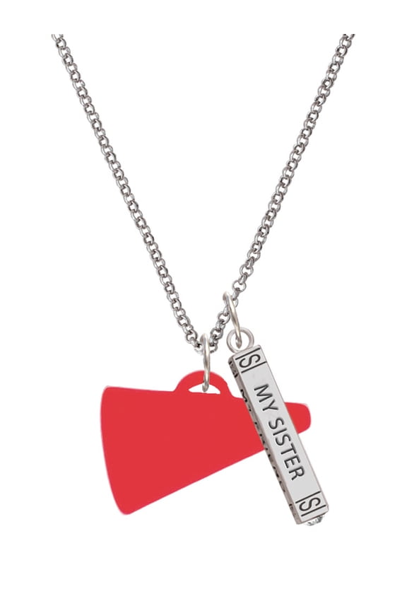 Acrylic 1.25" Red Megaphone Silvertone Always My Sister Bar Charm Necklace, 23"