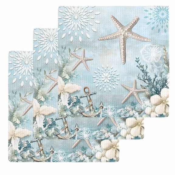 Teal Ocean Coastal Dish Towels Set, Waffle Weave Kitchen Towels 3 Pieces, Summer Beach Nautical Coral Starfish Microfiber Hair Face Bath Tea Towel Absorbent Quick Drying Cleaning Dish Cloths 12"x12"