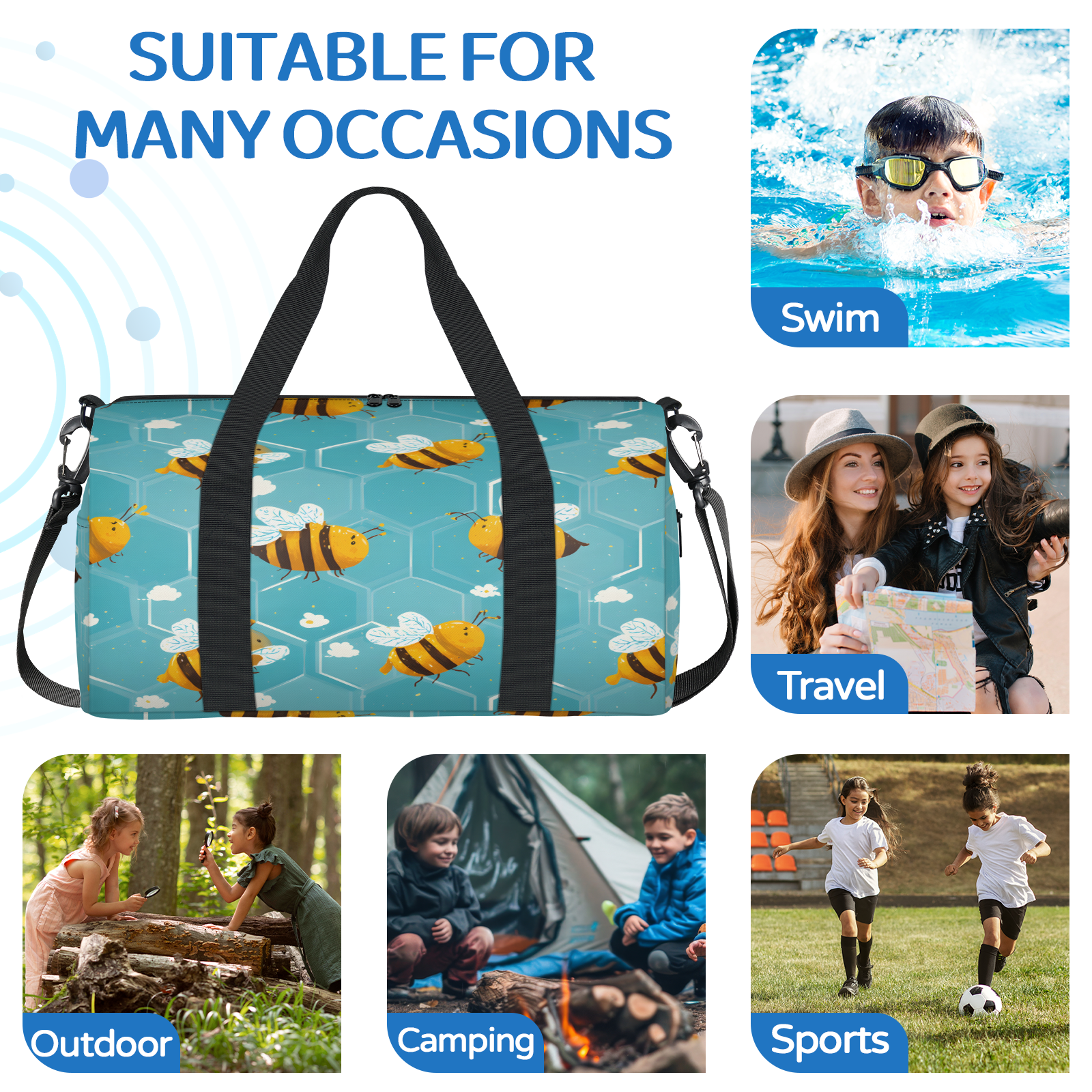 Herdesigns Cute Bee Gym Bag for Women, Duffle Bag for Travel Sport, Lightweight Waterproof Carry on Weekender Dance Yoga Workout Bags