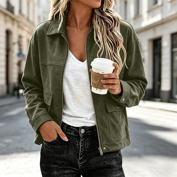 Women's Faux Suede Bomber Jacket Casual Pilot Coat Oversized Spring Fall Batwing Long Sleeve Streetwear Outwear Green XL