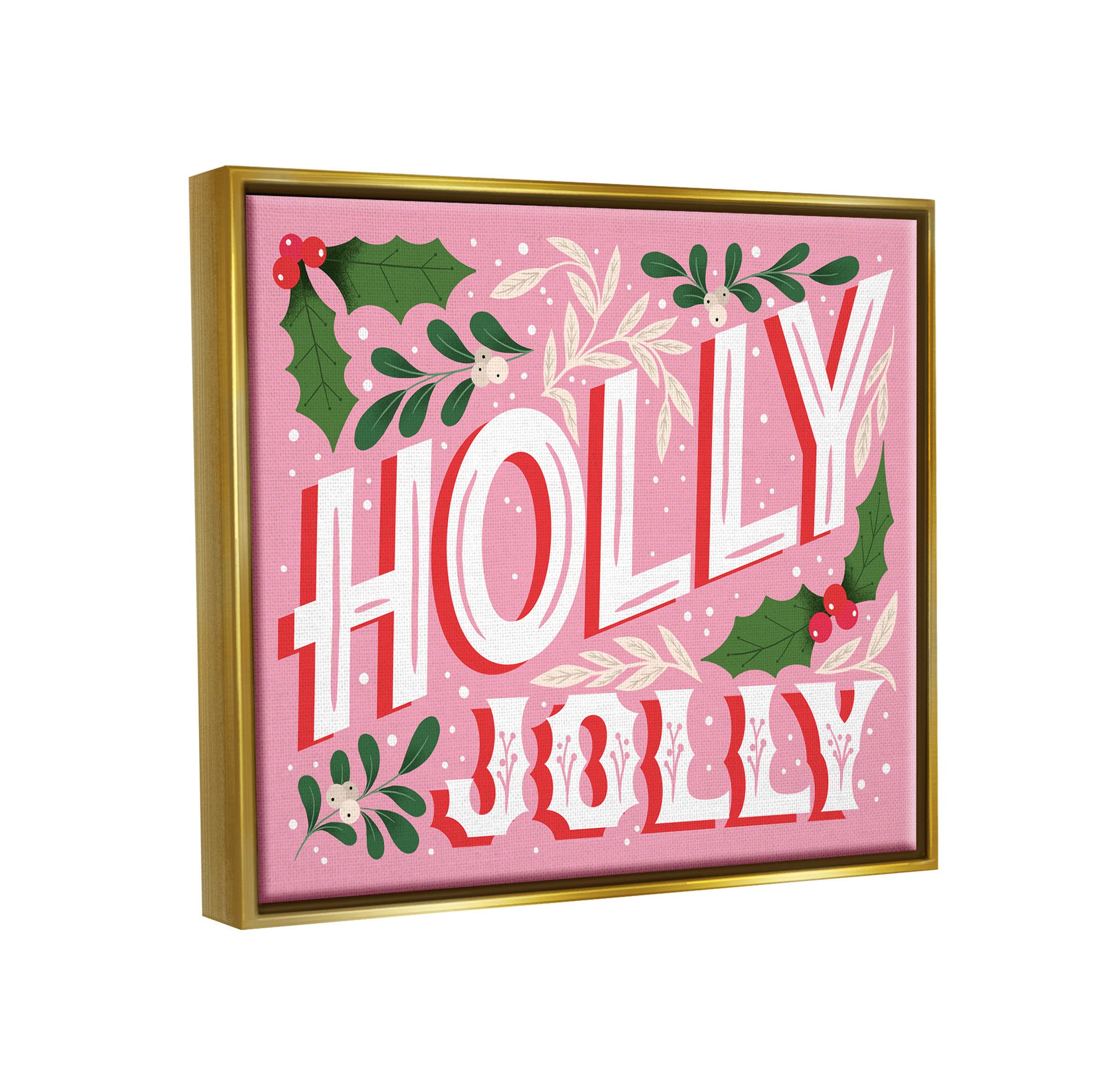 Stupell Industries Bold Pink Holly Jolly Phrase Graphic Art Metallic Gold Floating Framed Canvas Print Wall Art, Design by The Saturday Evening Post
