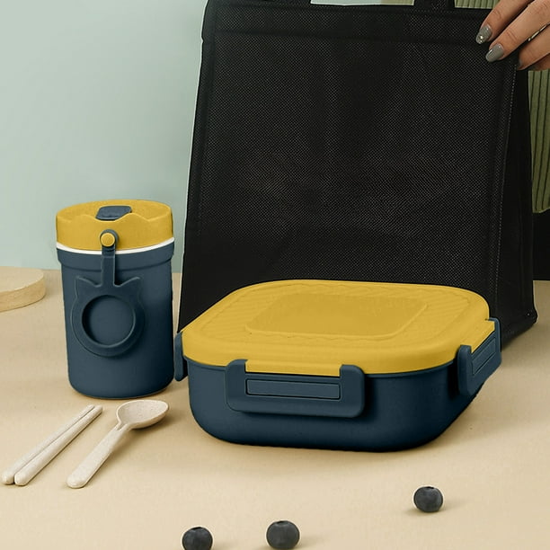 Set de Lonchera | Contenedor de Plástico Dividido Seguro para Microondas | Incluye Vaso para Desayuno a Prueba de Fugas con Interior de Acero Inoxidable | Bolsa Térmica | Cubiertos | Ligero