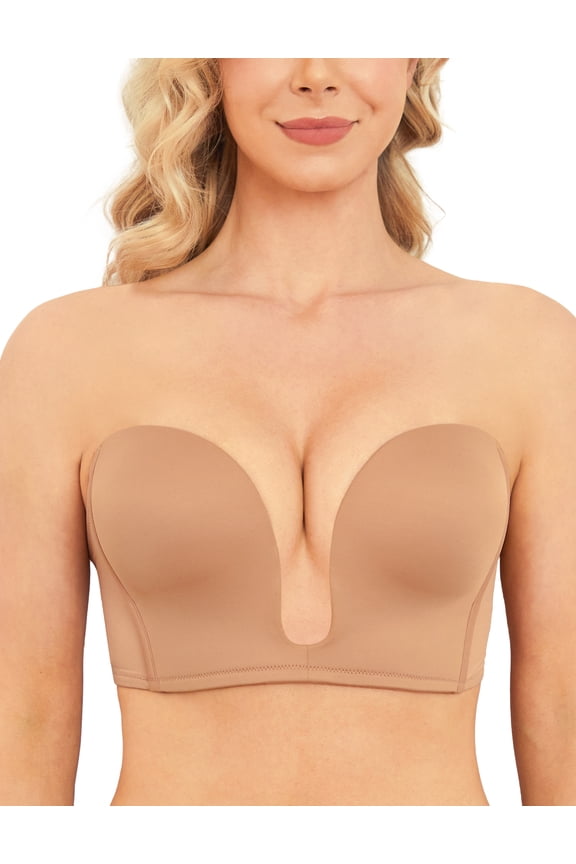 Women's Deep Plunge Bra Convertible Multiway Push up Low Cut Strapless V Wireless Bra Clear Back, Milk Coffee 32C