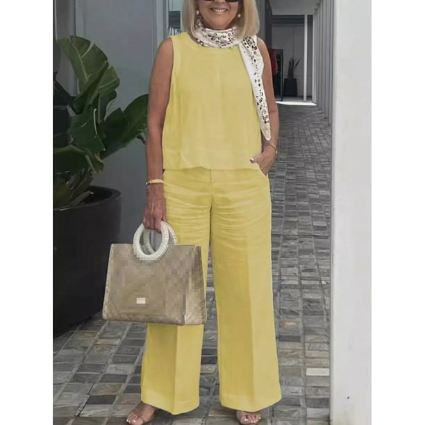 Trajes sencillos de lino y algodón para mujer, blusa holgada sin mangas a la moda de verano, pantalones de pierna ancha, conjunto de dos piezas para mujer, trajes informales