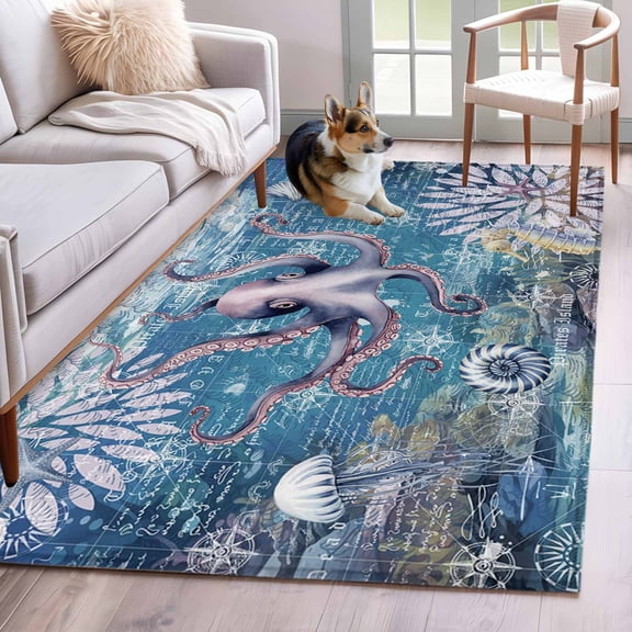 Rectangle Area Rugs 2.7 x 5 Ft, Purple Octopus Coastal Non-Slip Residential Carpet, Summer Beach Seahorse Jellyfish Coral Indoor Crawling Mats Runner Rugs for Living Room/Dining Room/Bedroom
