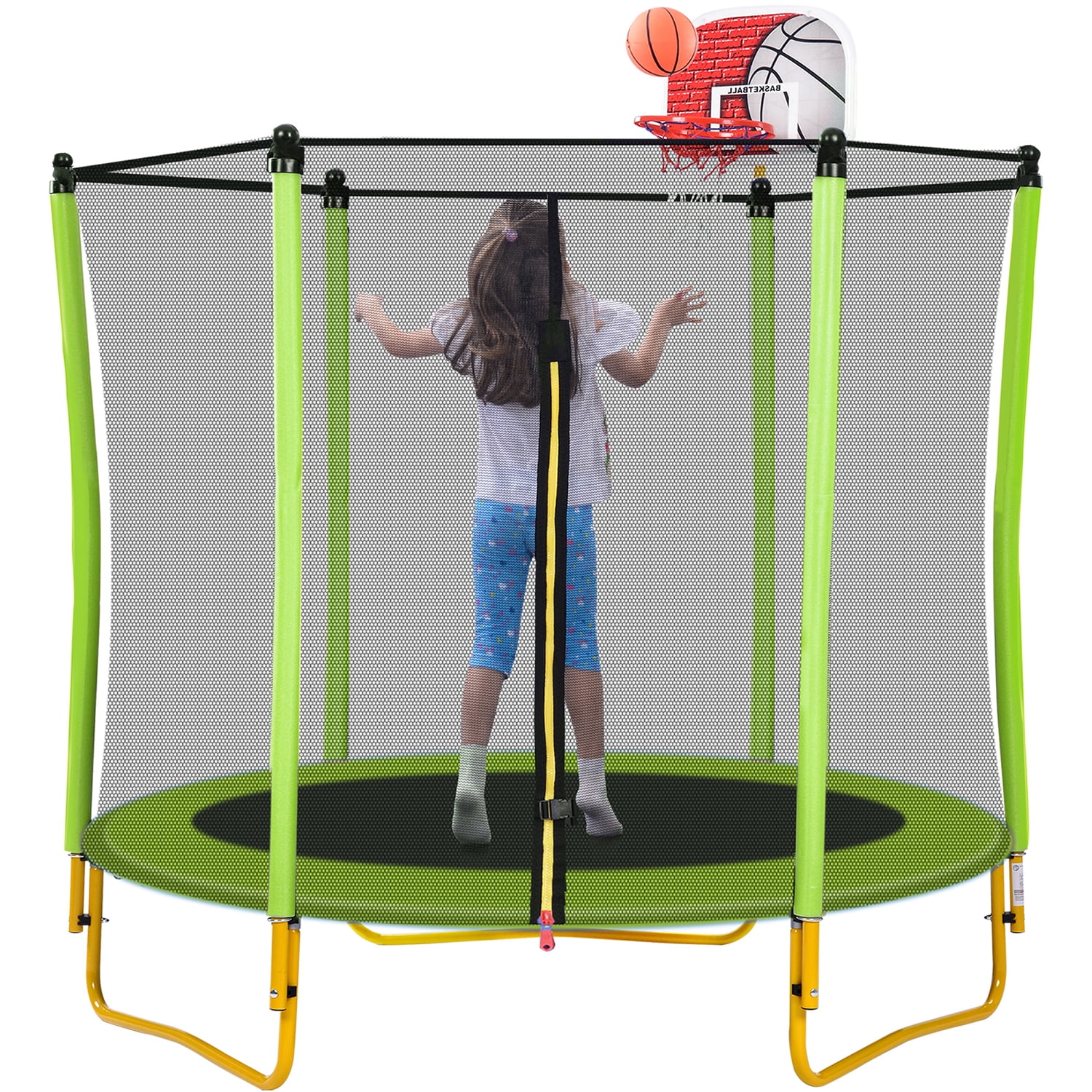 Kadyn 5.5FT Children Trampoline, Metal Mini Small Trampolines with Enclosure, Basketball Hoop and Ball Included, Indoor Outdoor Mini Trampoline for Kids, Green Kadyn 5.5FT Children Trampoline, Metal Mini Small Trampolines with Enclosure, Basketball Hoop and Ball Included, Indoor Outdoor Mini Trampoline for Kids, Green