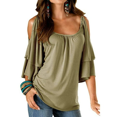 - Women's Summer Cold Shoulder Ruffle Sleeve Loose Stretch Tops Tunic Blouse Shirt
