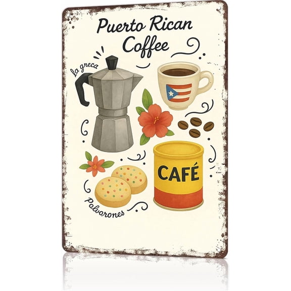 Vintage Puerto Rican Coffee Watercolor Metal Sign, Wall Art Poster for Home, Living Room, Office or Bar Decor, 8 x 12 Inch