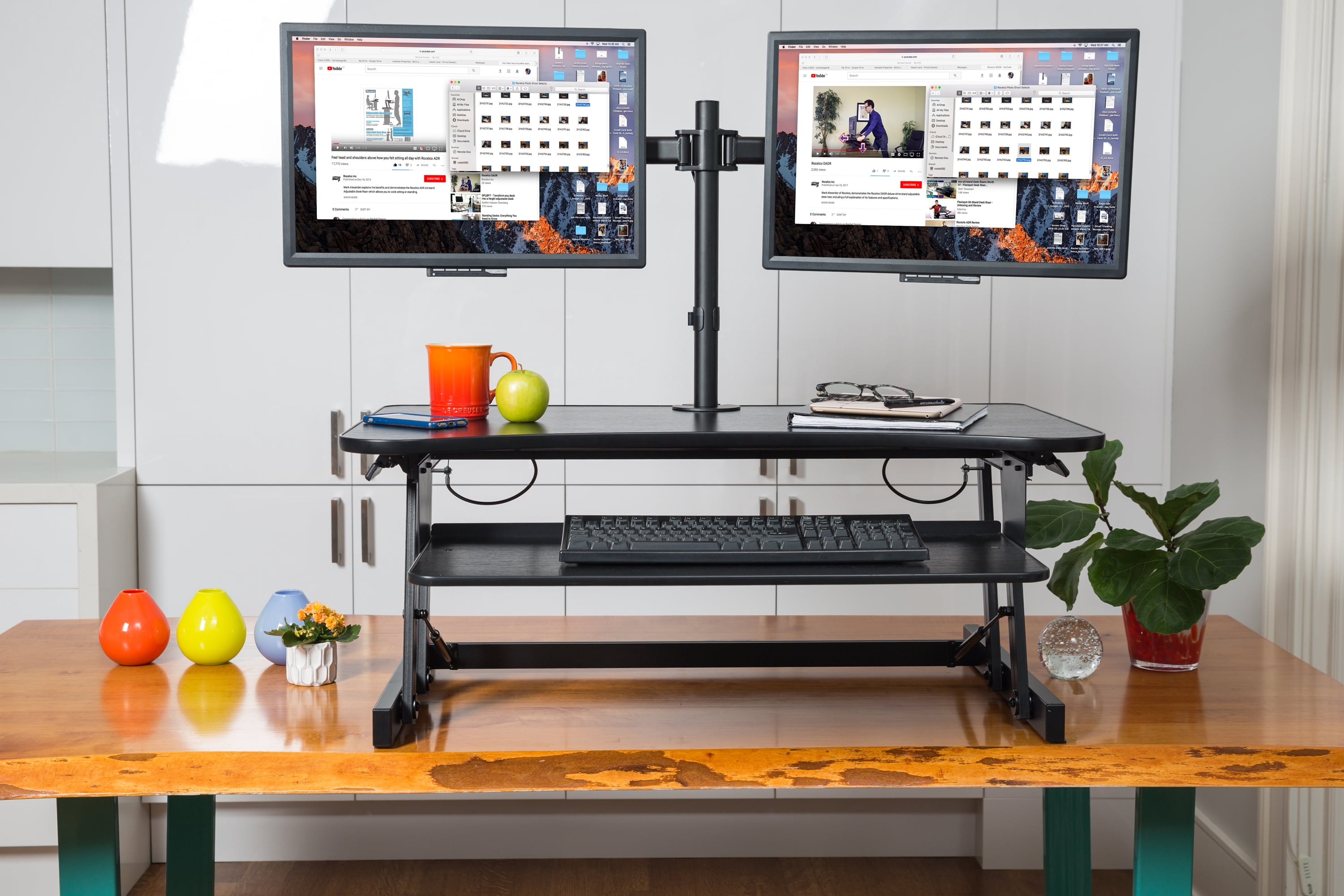 Rocelco 37.5" Deluxe Height Adjustable Standing Desk Converter with Dual Monitor Mount and Anti Fatigue Mat BUNDLE | Sit Stand Up Computer Workstation Riser | Keyboard Tray | Black (R DADRB-DM2-MAF)