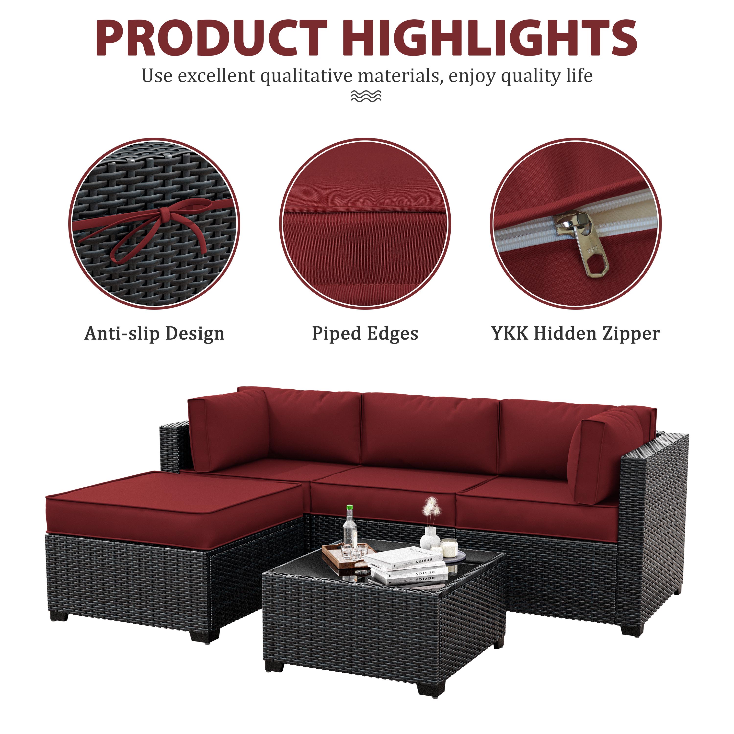Snubbull 9 Pcs Outdoor Patio Cushion Covers with 4 Size, Waterproof & Zippered, Burgundy