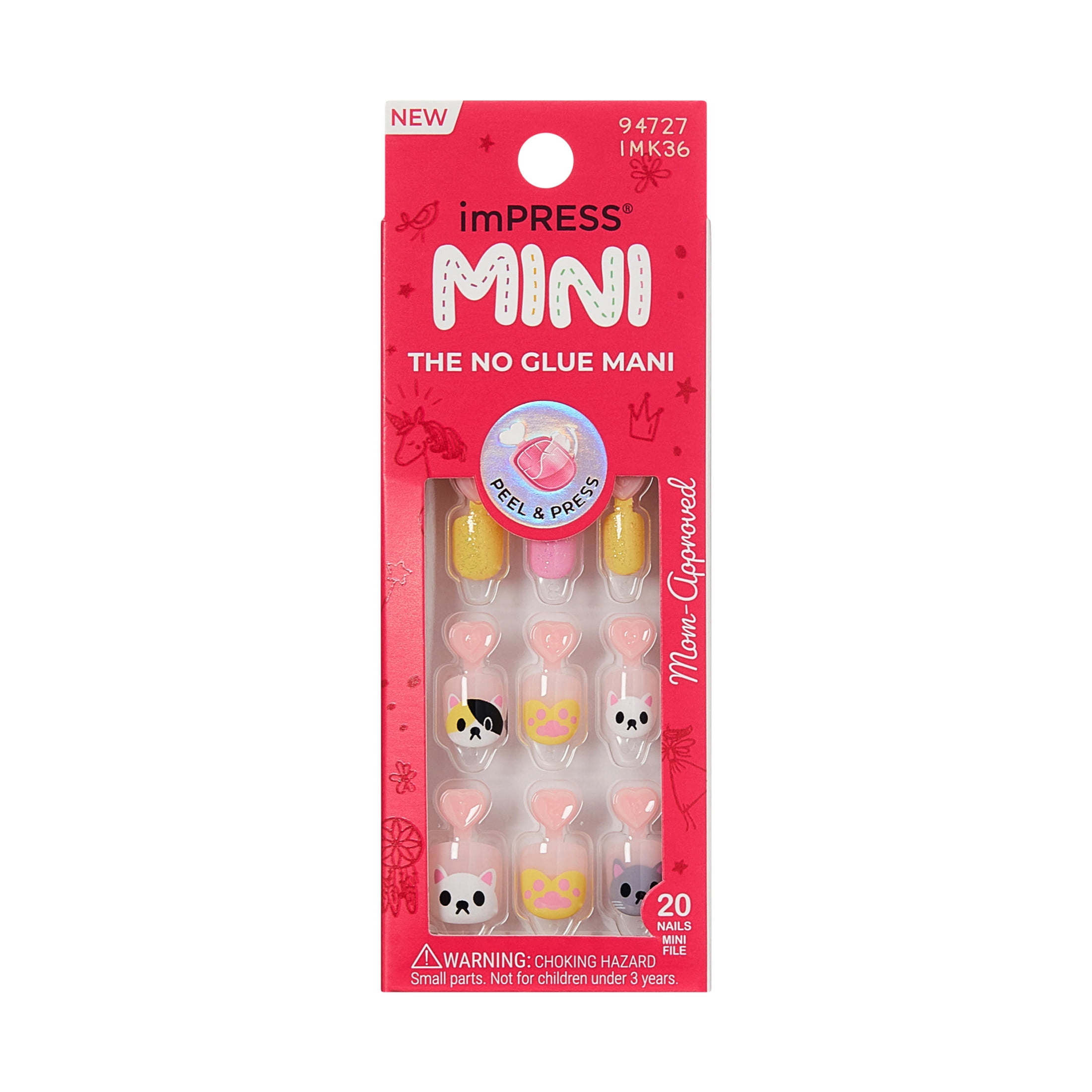 (2 pack) Impress Mini Press On Nails for Kids, ‘Cuddles’, Pink, Squoval, 20 Count