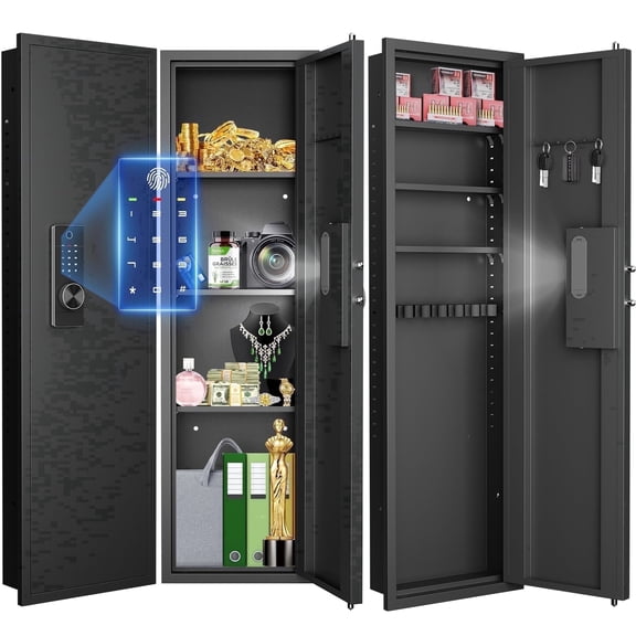 53.15" Wall Safe Between The Studs, Biometric Fingerprint Hidden Safe With Dual Alarm System And Silent Mode, Wall Gun Safe With 3 Adjustable Shelves And Magnetic Slot(fingerprint)