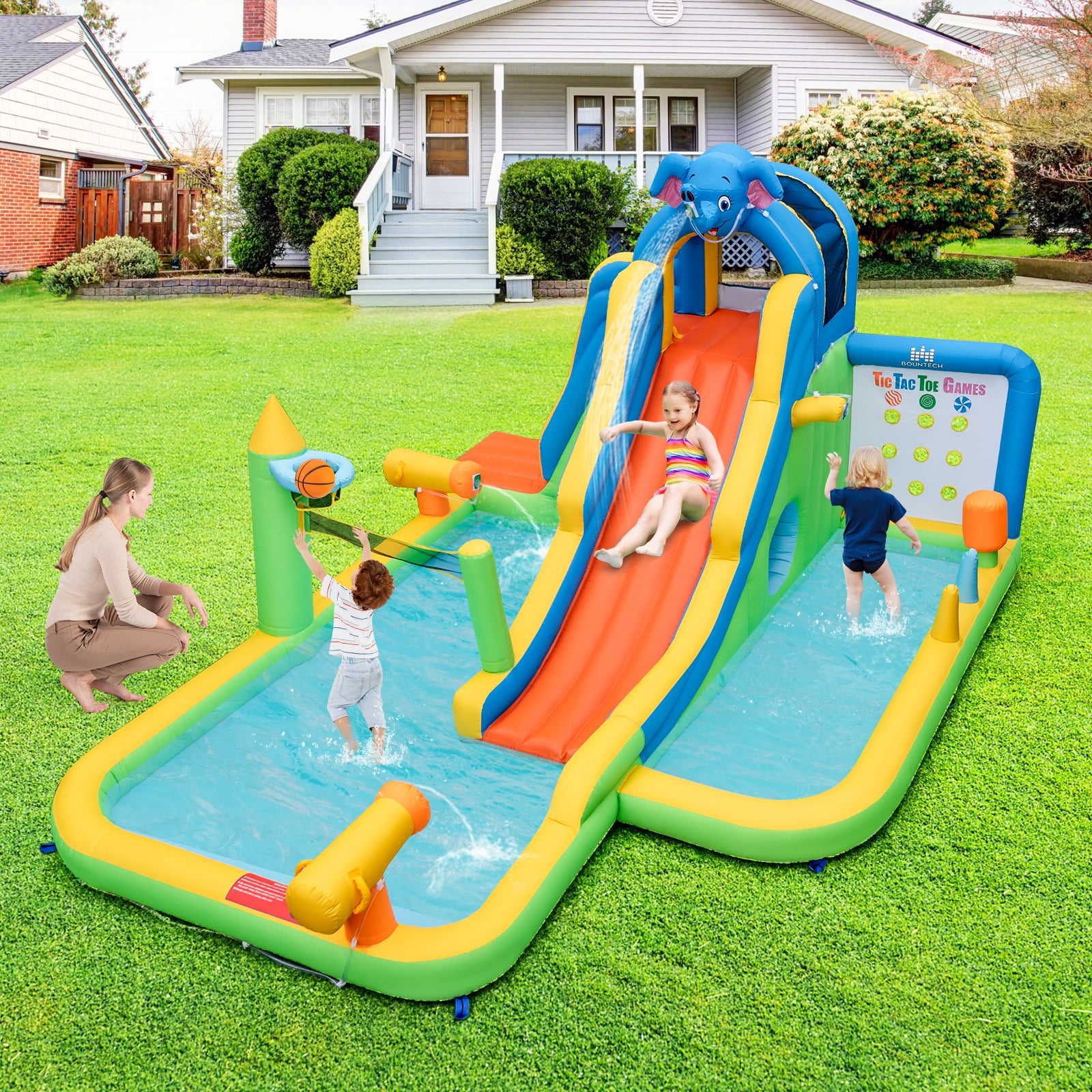 Topbuy Inflatable Water Slide 9-in-1 Blow-up Water Park for Kids with Splash Pool Climbing Wall Water Guns Basketball Toss