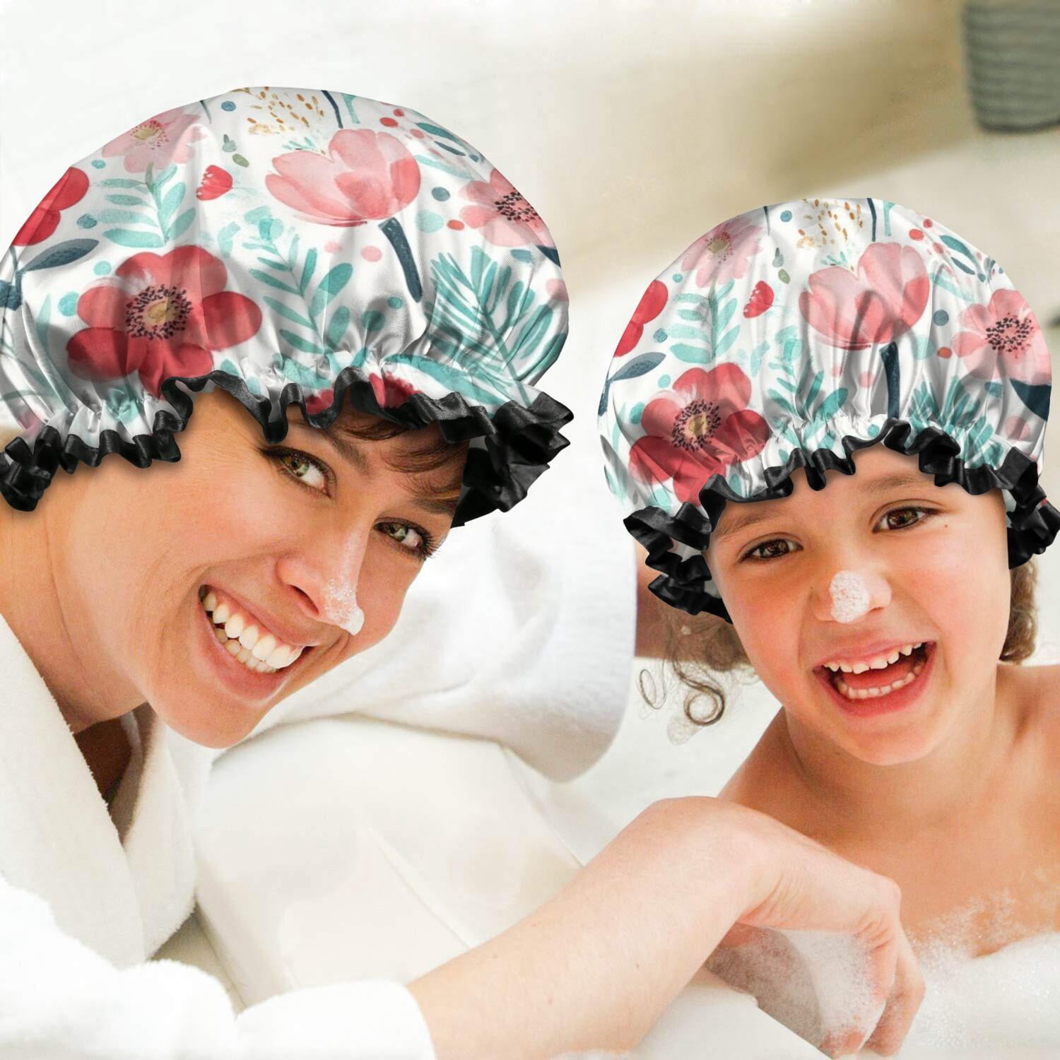 Shower Caps,Pioneer Flower Floral Print Pattern Waterproof Shower Cap for Women 4 Pieces,Double Reusable Hair Cover for Shower PEVA Elastic Stretch Hem