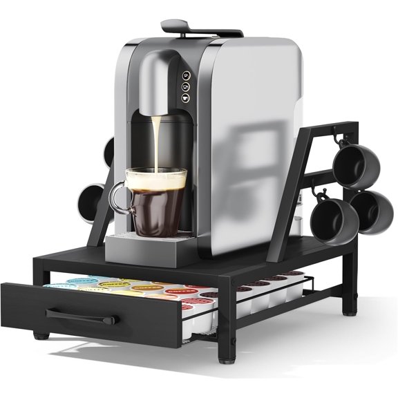 K Cup Holder Drawer - K Cup Storage Organizer, Coffee Pod Drawer with Hooks, Durable Iron-Wood Design, Space-Saving Coffee Station Organizer for Kitchen Counter
