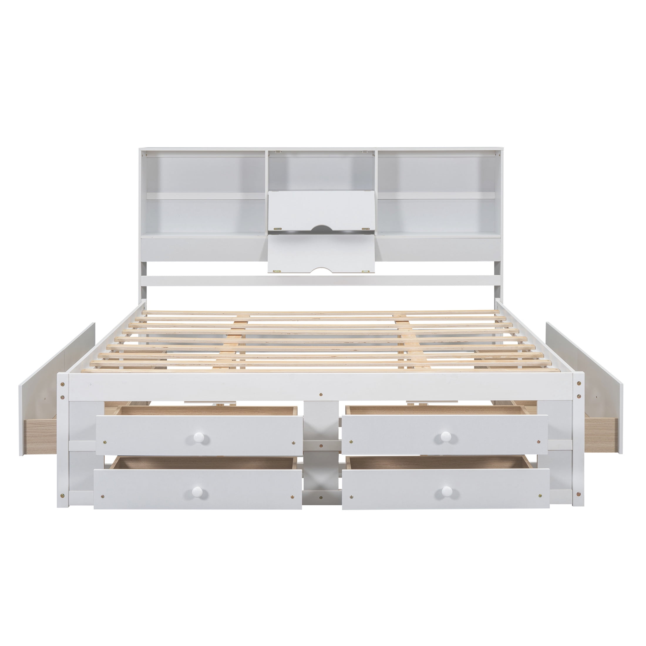 Noble House Solridge King Size Platform Bed with Bookcase Headboard and Storage Drawers, Solid Wood Frame, White