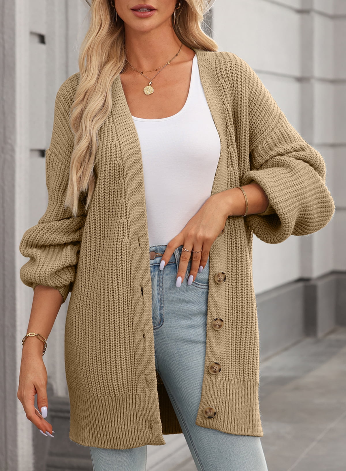 Women's Open Front Cardigans Long Sleeve Cable Knit Sweater Button Loose Winter Outerwear Khaki US 16-18 - image 2