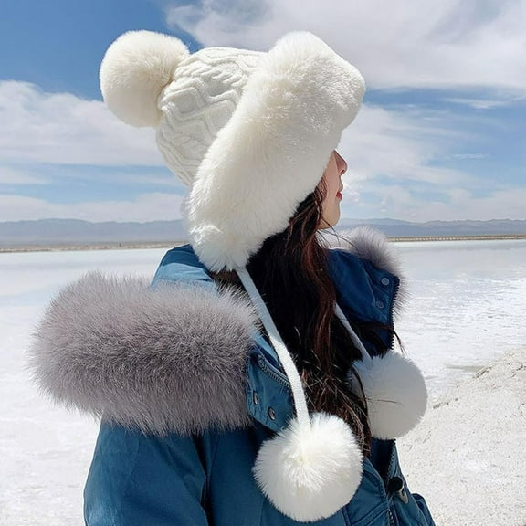 Sinpiling Fleece Beanies Hats for Women with Ear-Flaps Straps Pom-Pom Trendy Solid Chunky Knitted Thermal Warm Sherpa Cap Hat Winter