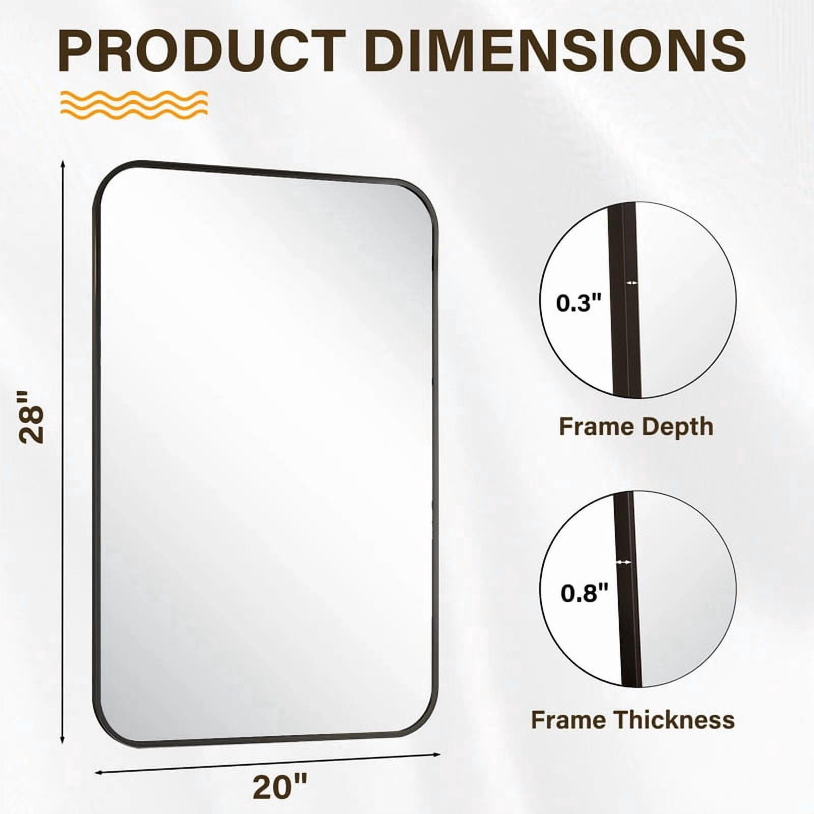 Easy4Home 28"x20" Rectangular Bathroom Mirror Hanging Rounded Corners Vanity Mirror Wall Mounted, Black