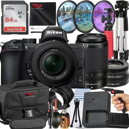 Nikon Z50 Mirrorless Camera with 50-250mm Lens   SanDisk 64GB Memory Card   Pistol Grip Tripod   SV Premium Accessory Bundle (International Version)