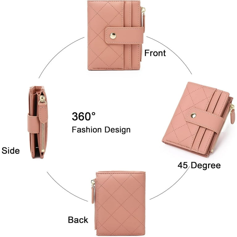 Sunwel Small Vegan Leather Wallet For Women – RFID Blocking, 13 Card Slots, Double Zipper, Pink Retro Style