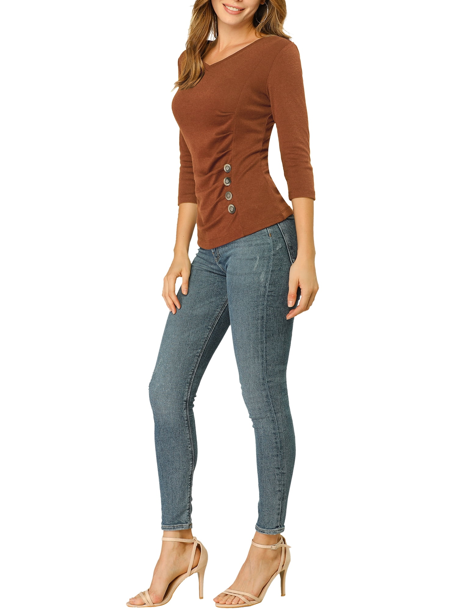 DARING DIVA V Neck Knitted Buttons Decor Ruched Blouse Top M Brown