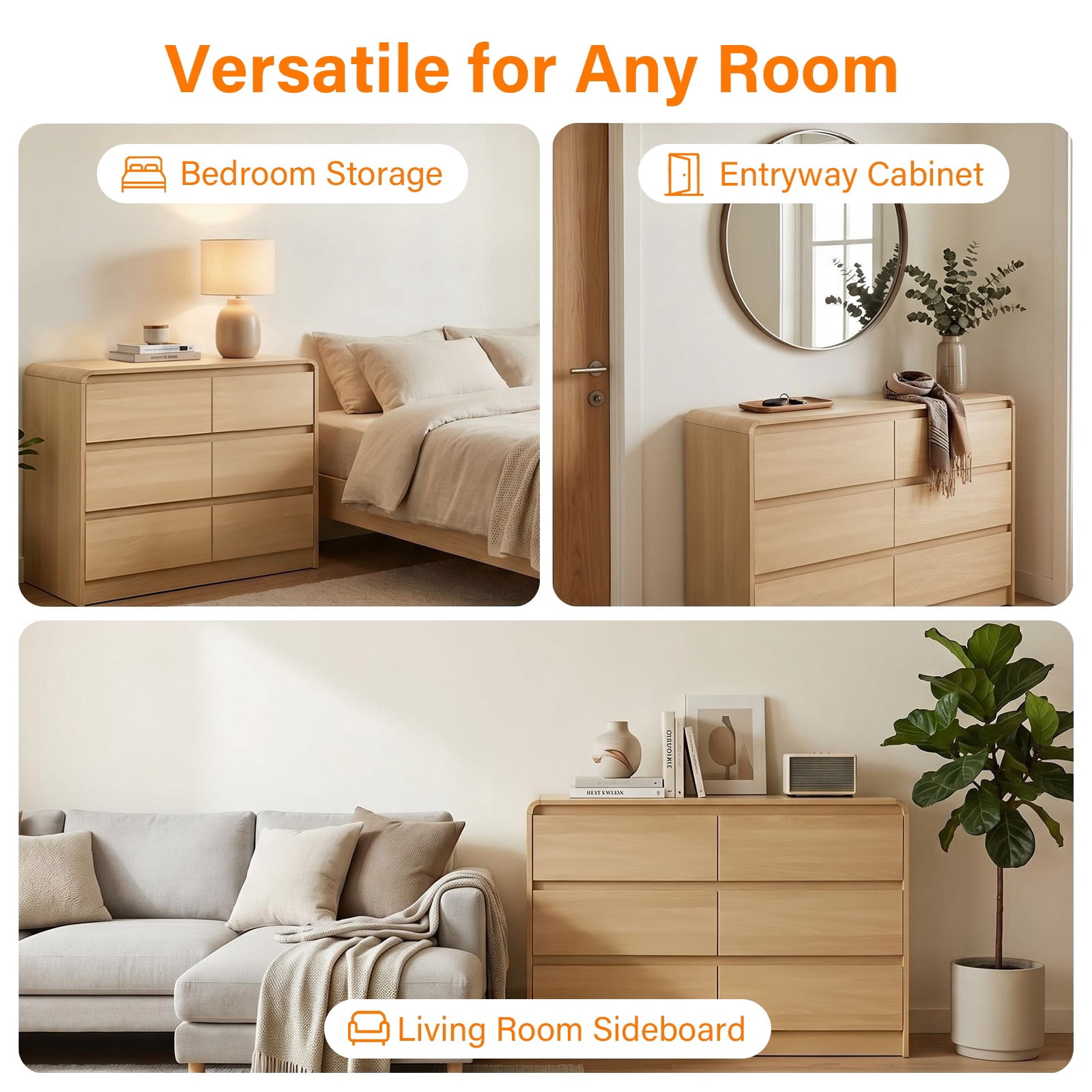 Hommoo Modern 6 Drawers Dresser for Bedroom with Spacious Countertop, Wooden Dressers Storage Cabinet with Concealed Handles & Rounded Corner Design, for Bedroom,Living Room, Natural