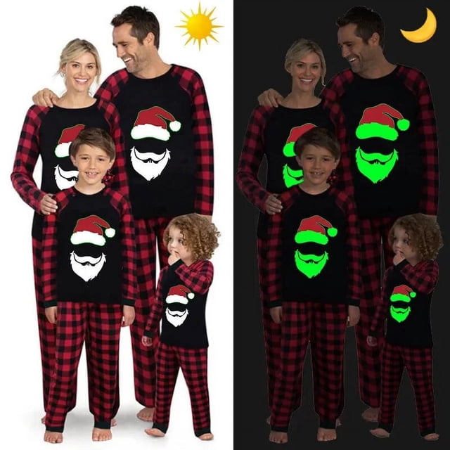 Pijamas familiares a juego de Navidad, conjunto de pijamas negros luminosos con cabeza de Papá Noel brillante