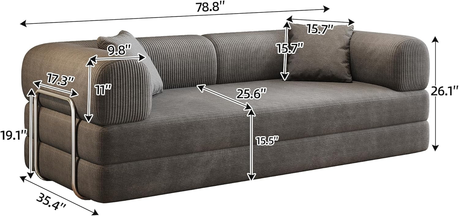 Howcool 79" Convertible Sofa Bed, Corduroy Folding Pull Out Couch with Pillows, Boneless Compression Sofa in a Box, Floor Sofa with Support Rods for Living Room,Gray