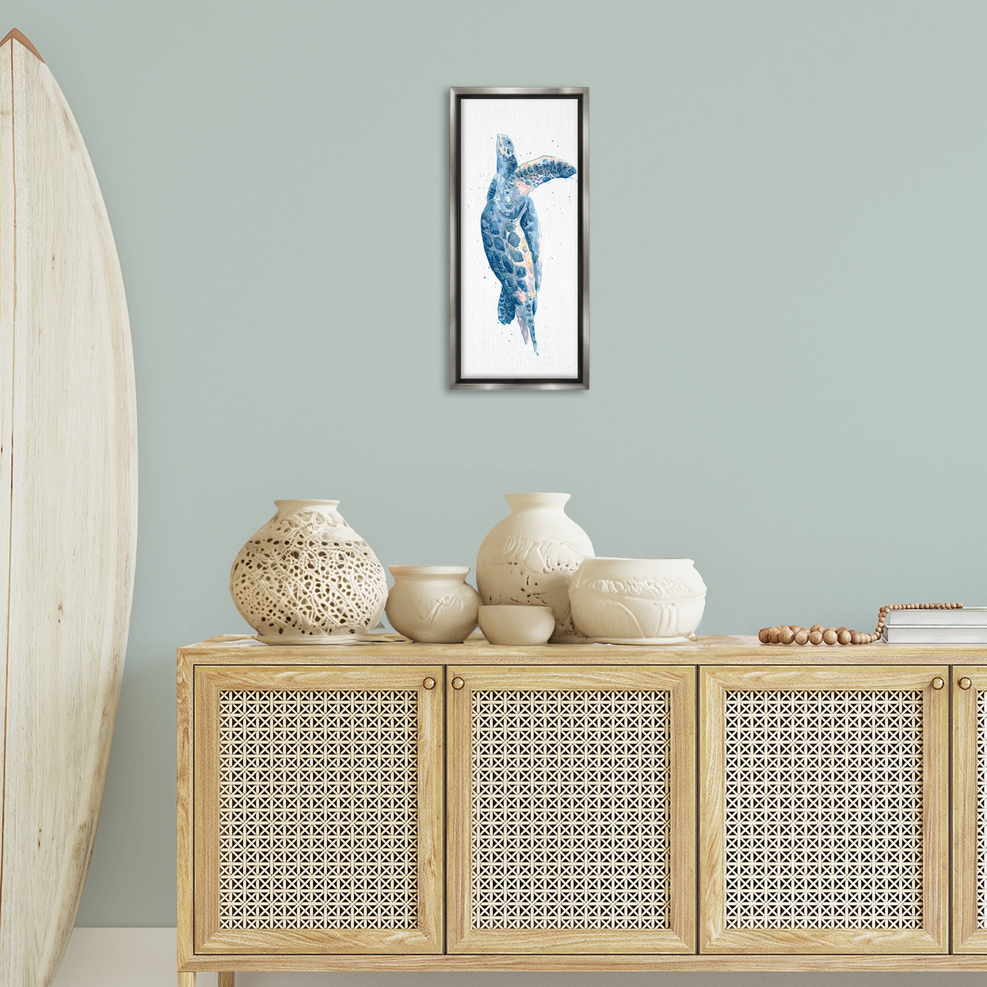 Stupell Industries Blue Turtle Swimming Animals & Insects Painting Gray Floater Framed Canvas Art Print Wall Art, 11 x 25