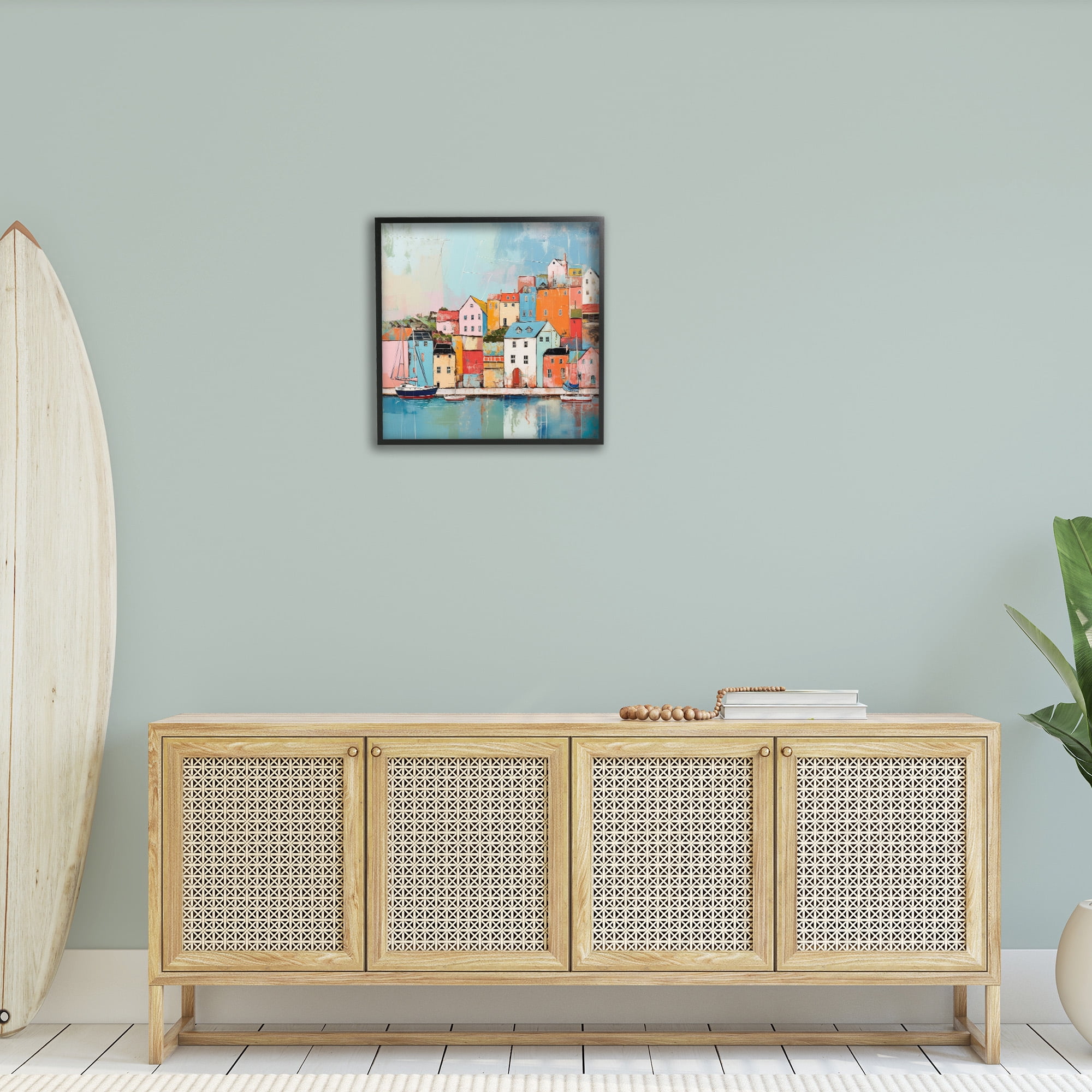 Stupell Industries Seaside Neighborhood Painting Transportation Painting Black Framed Art Print Wall Art, 24 x 24