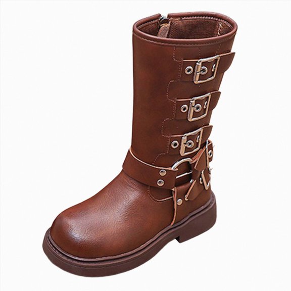 WXFAZCVU Girls Leather Boots with Side Zipper Fashion Buckle Straps Round Toe Boots Going Out Size 4