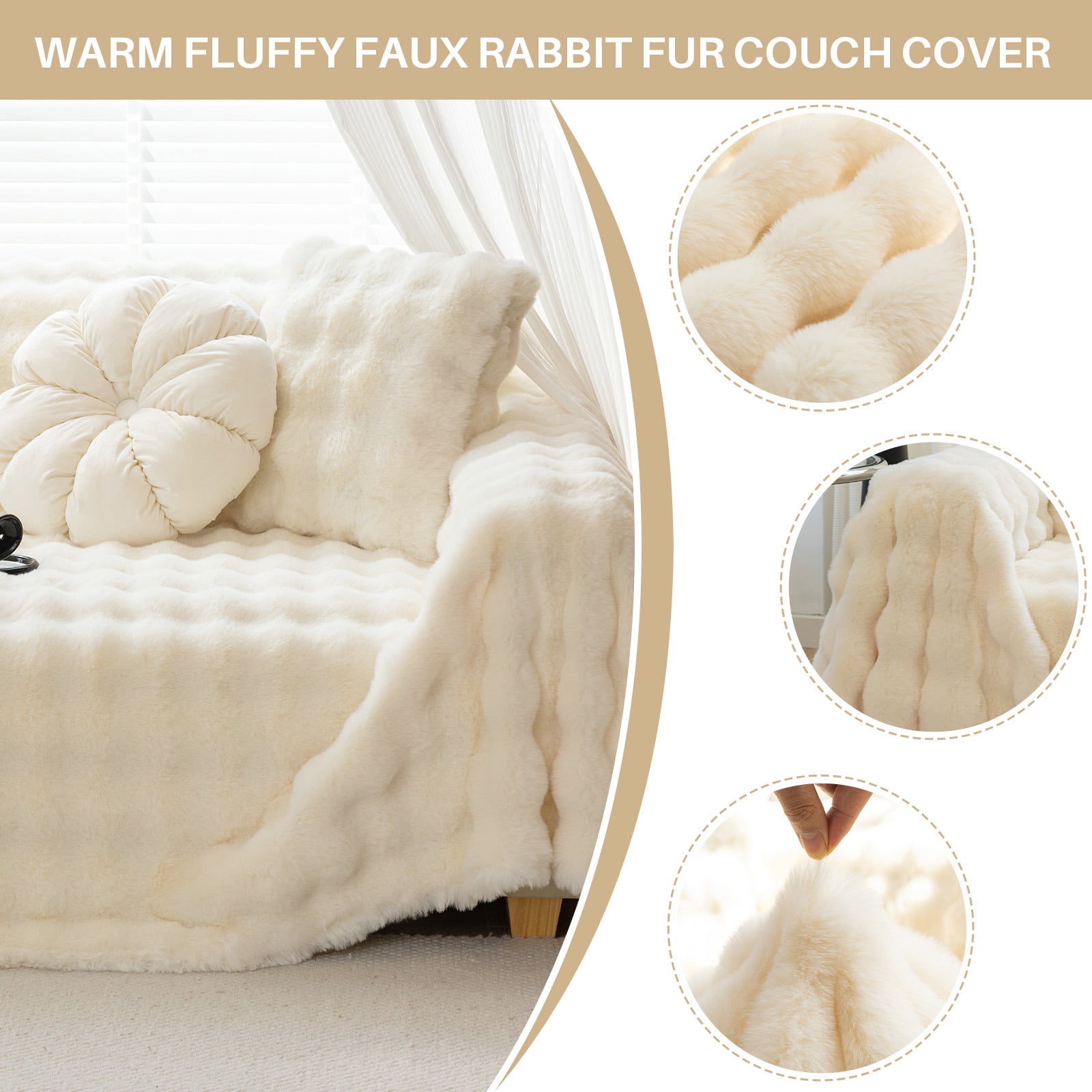 WOOW DEPOT Warm Faux Rabbit Fur Sofa Cover Machine Washable, Thick Throw Blanket L Shape Slipcover for 3 Cushion Couch, Beige Cream 71"x134"