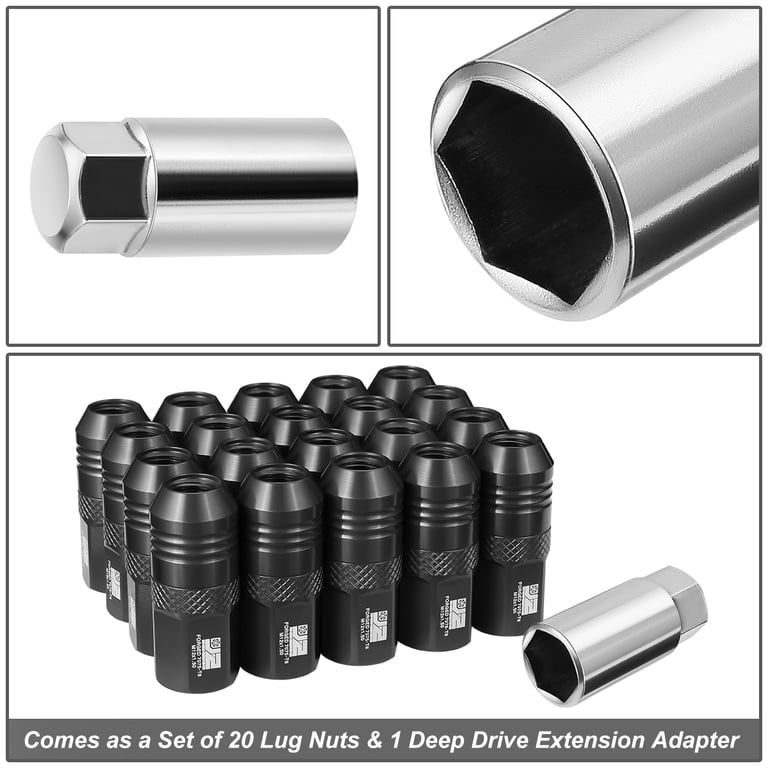 20-Piece M12x1.5 Open-End Aluminum Lug Nuts Set + Adapter – Black Anodized For Custom Wheels