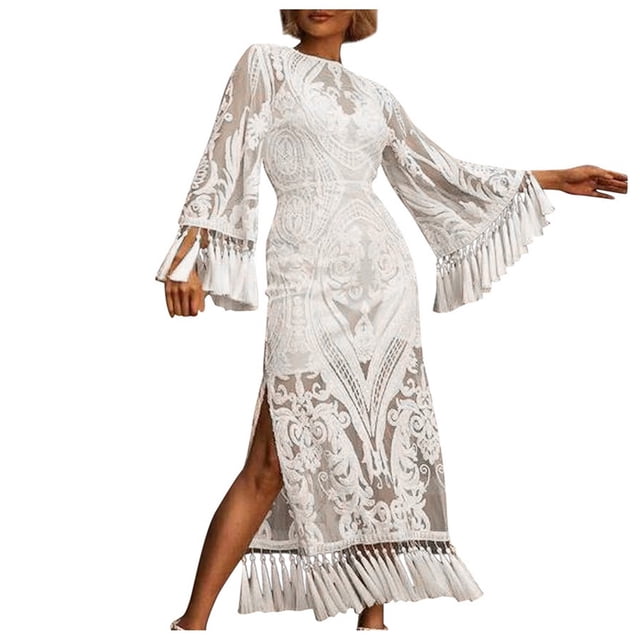 Vestido de Noche Odeerbi ODB173255 Manga Larga Flecos Bordado Encaje